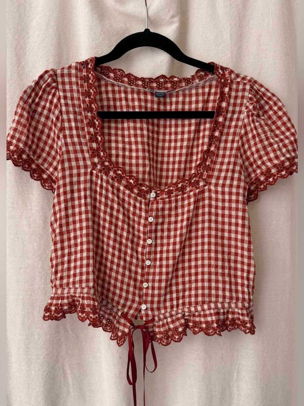 American Eagle Outfitters Red Gingham Lace-Trim Button Front Top